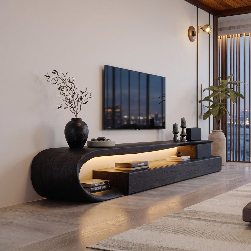 Curved TV Console with Drawers, Modern Solid Wood Media Credenza
