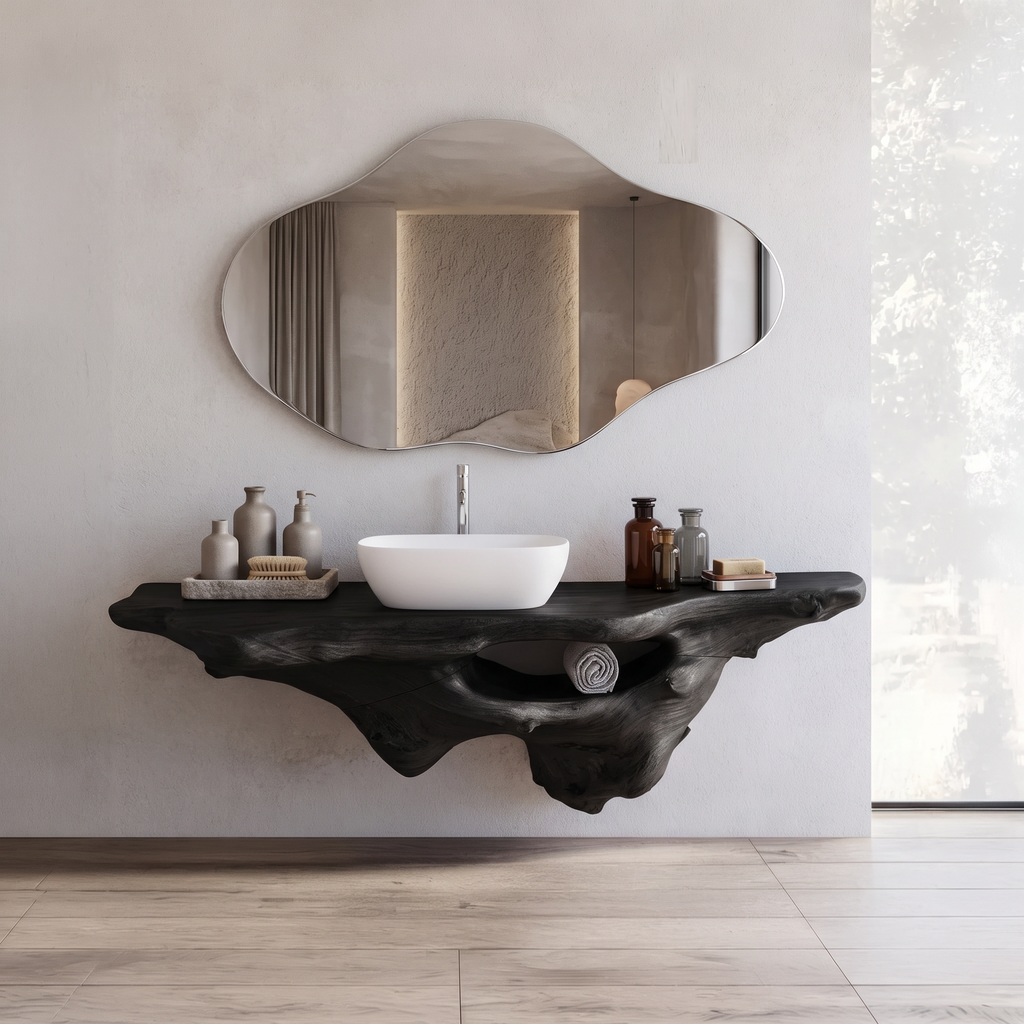 Solid Oak Live Edge Wall-Hung Bathroom Vanity Shelf, Farmhouse