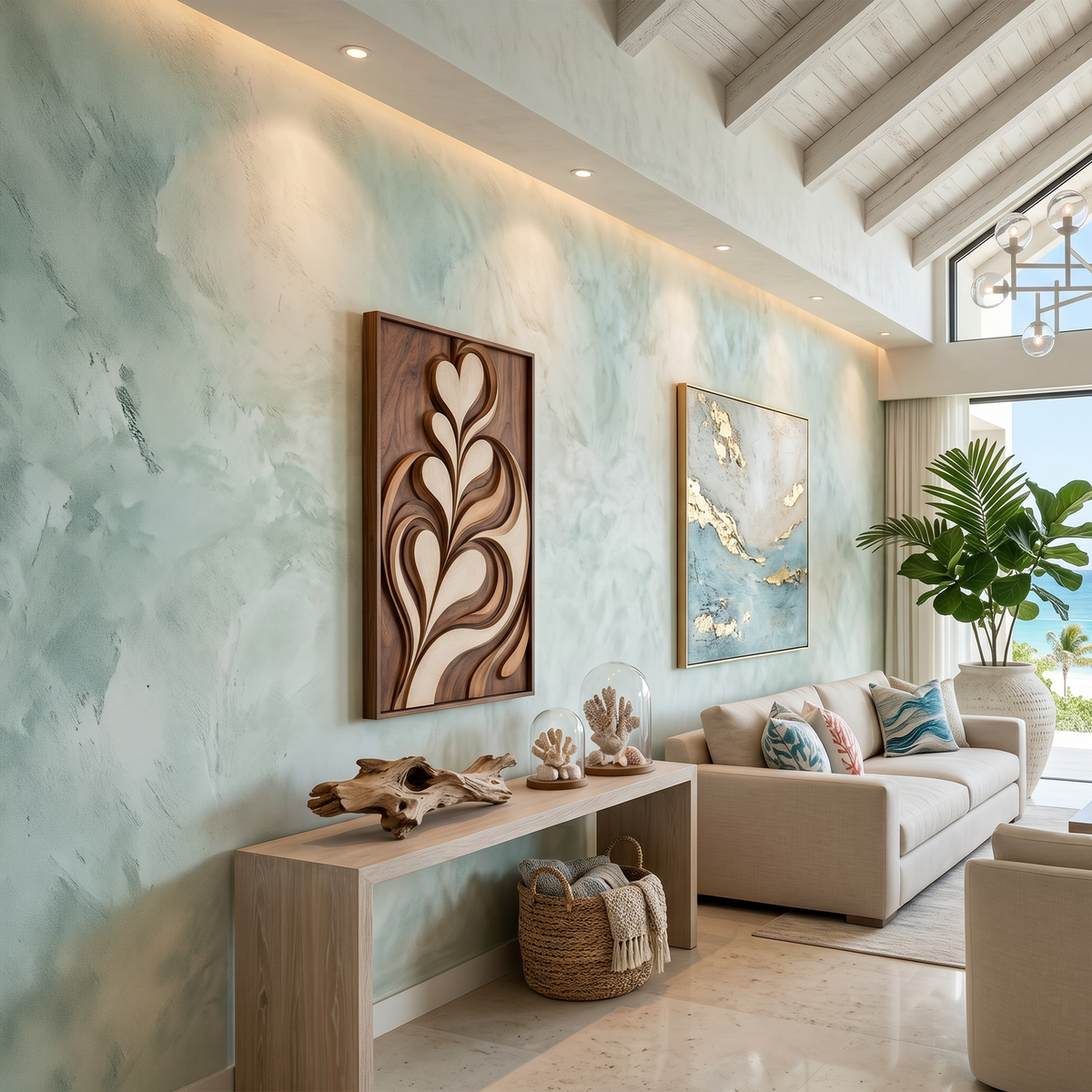 Leaf Form Carved Wood Wall Panel In Warm Latte Tones