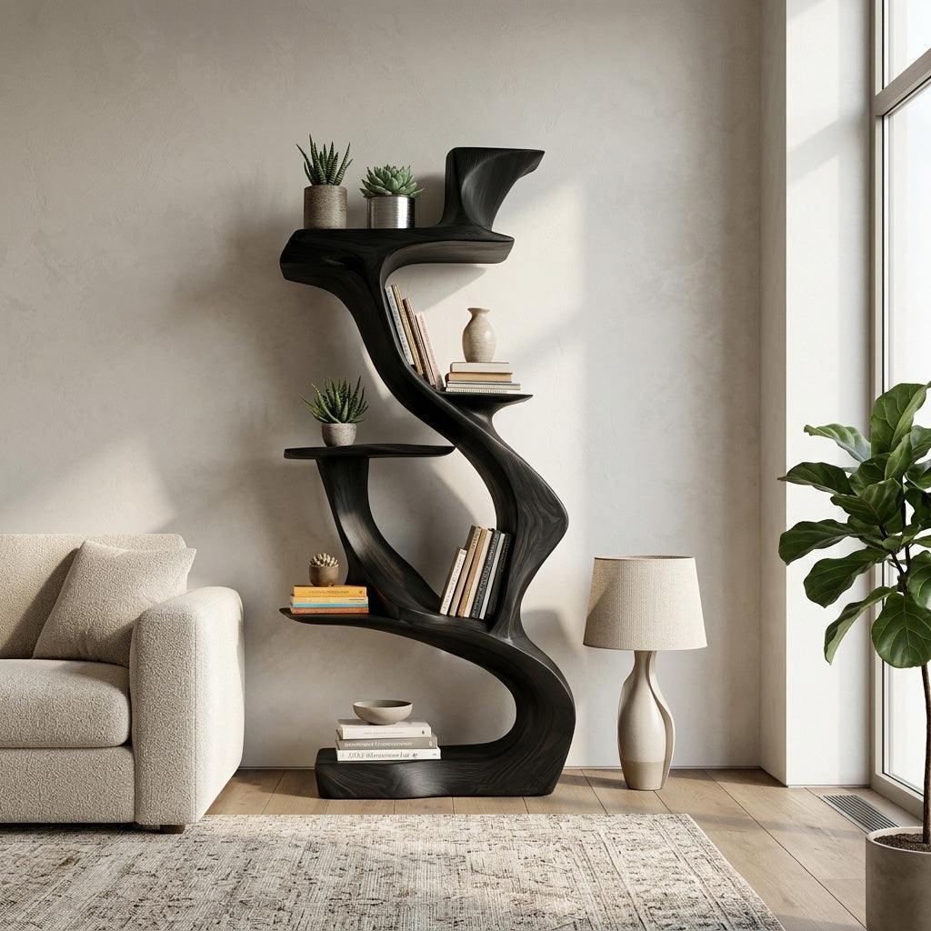 Sculptural Standing Bookcase, Freeform Natural Wood Bookshelf