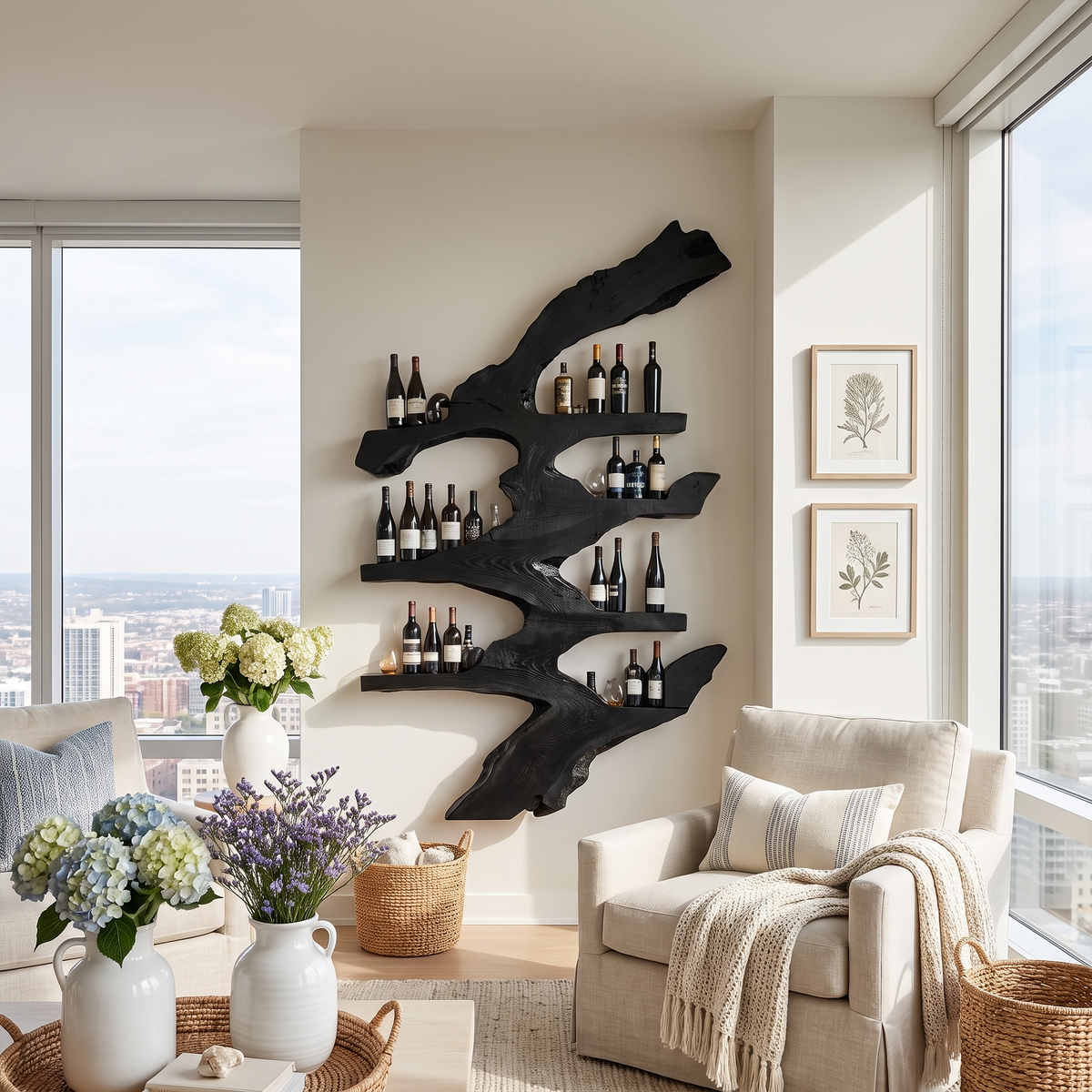 Slim 6-Inch Deep Wood Wine Bottle Wall Rack, 45 to 71 in Tall
