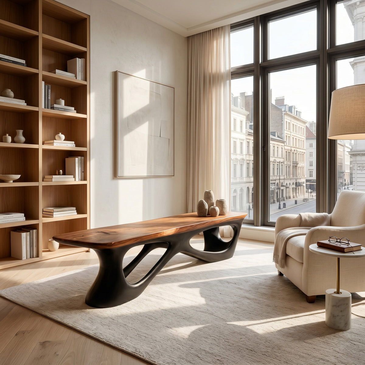 Natural Wood Window Seat Bench With Architectural Base