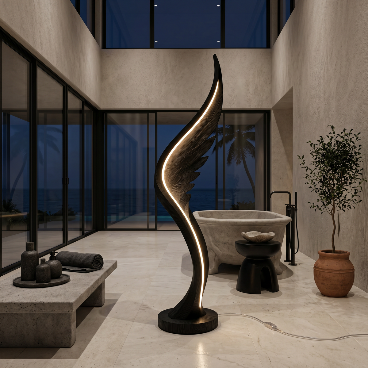 Wing Shaped Sculptural Wood Floor Lamp, 30 To 51 Inch Tall