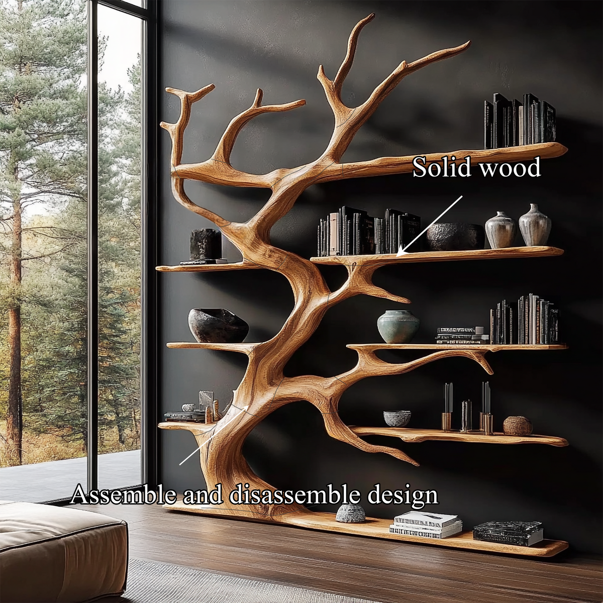 Branch Outline Wood Display Bookcase for Living Room, 60 x 70 in