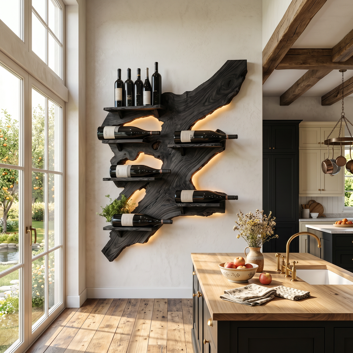 Monkey Pod Wall Wine Bottle Rack for Bar or Kitchen, 39 to 65 in