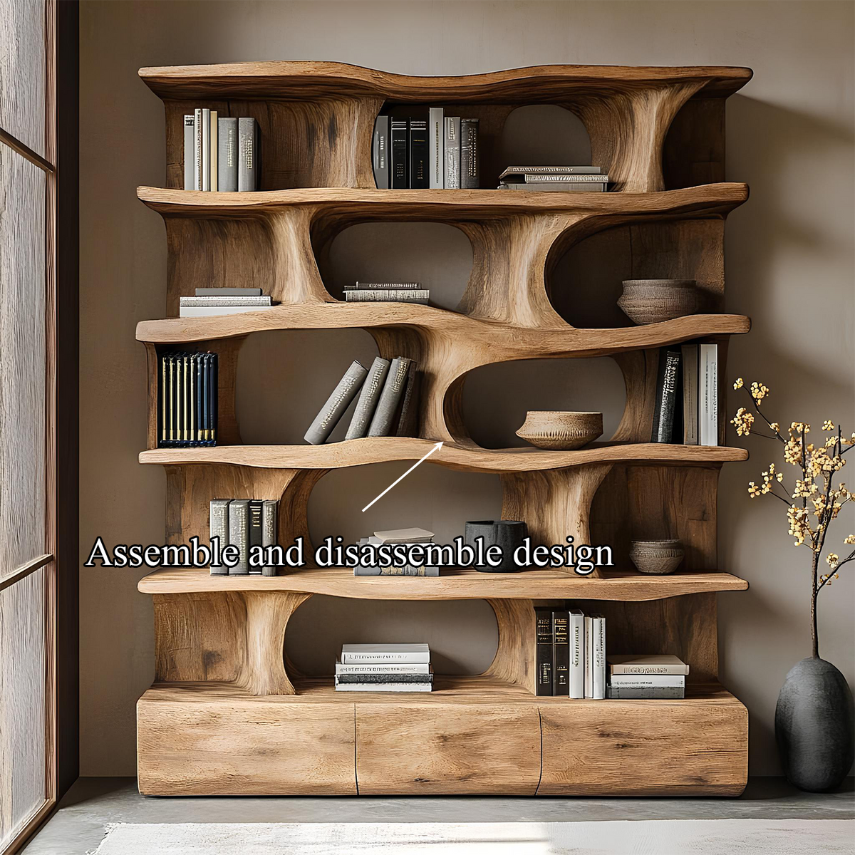 Sculptural Bookshelf, Curved Solid Wood Wall Unit with Drawers