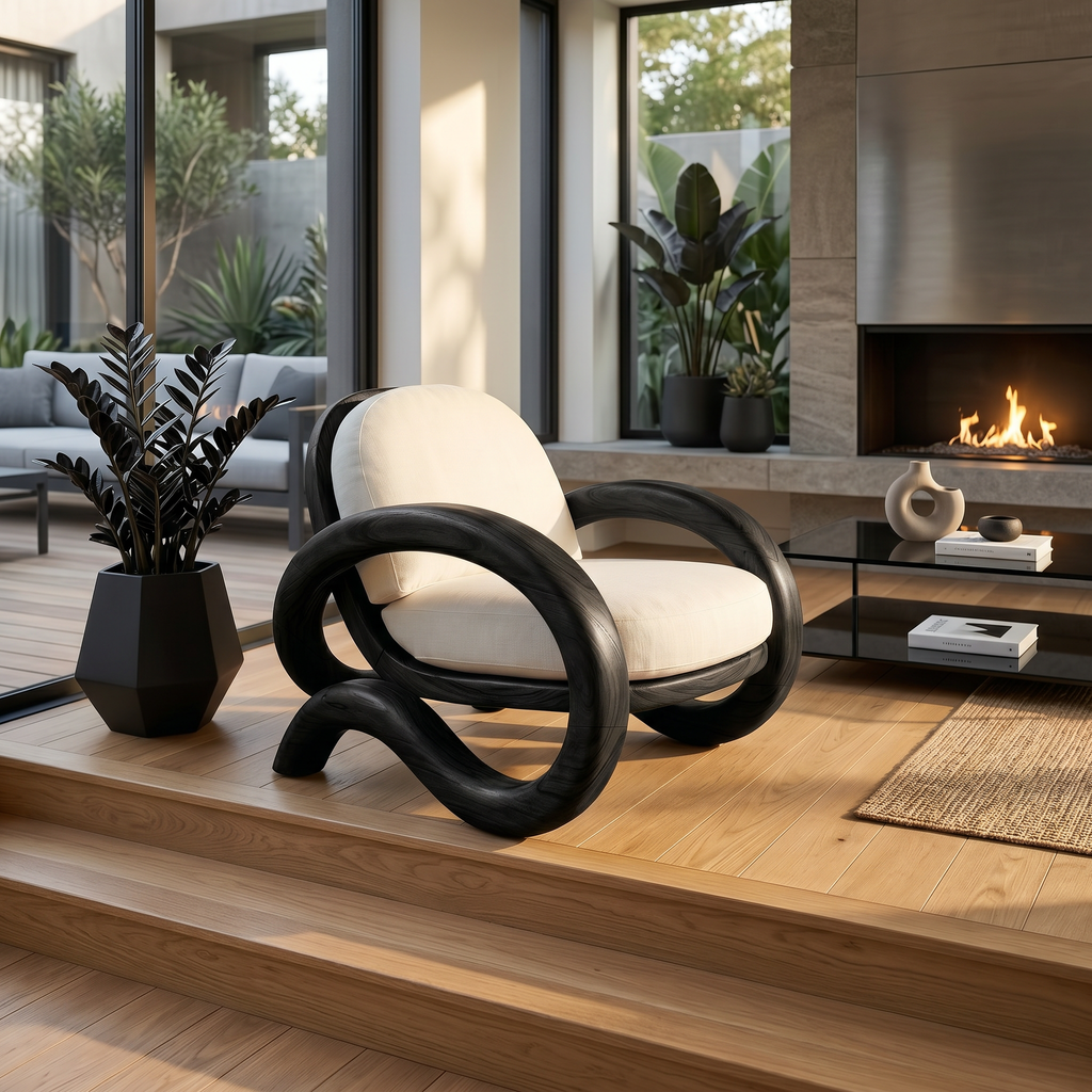 Sculptural Curved Wood Lounge Armchair For Villa Or Reception Area