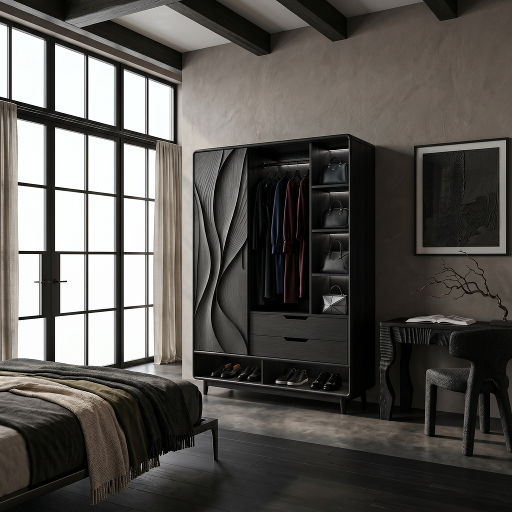 Tall Curved Front Wooden Wardrobe Armoire For Bedroom Clothing Storage