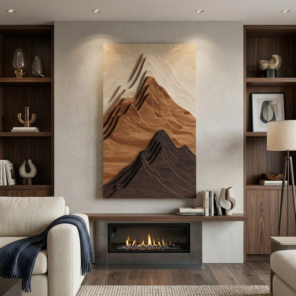 Vertical Mountain Relief Wood Wall Sculpture For Entryways