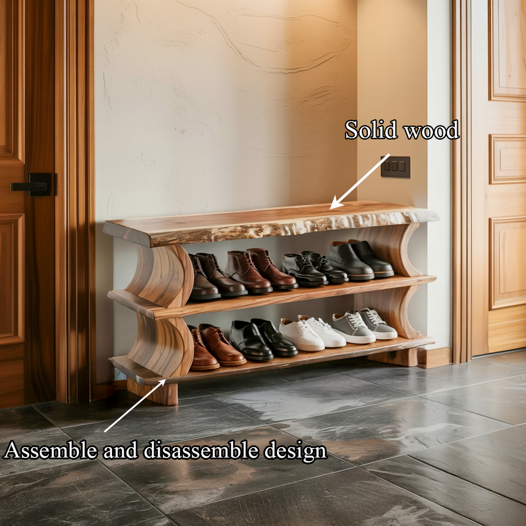Wavy Solid Wood Shoe Rack Bench For Mudroom, 32 To 60 Inch