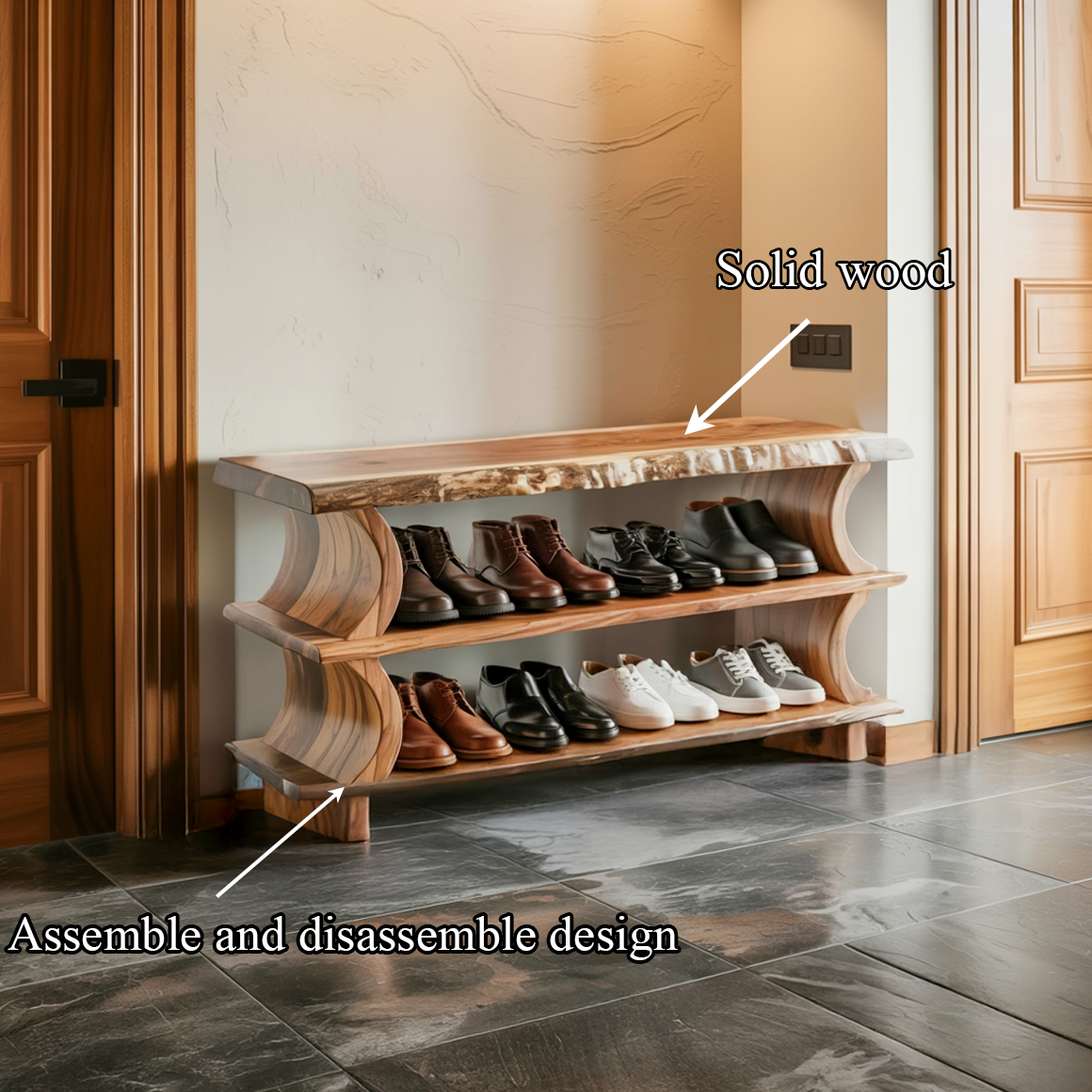Wavy Solid Wood Shoe Rack Bench For Mudroom, 32 To 60 Inch