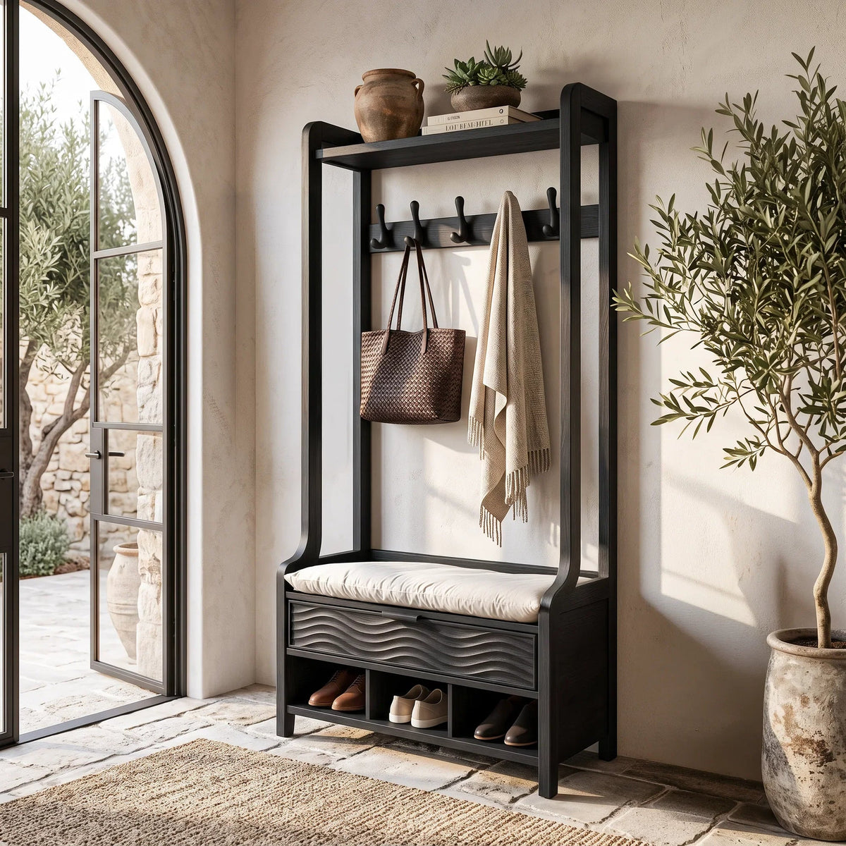 Modern Storage Bench With Coat Rack And Shoe Storage For Home
