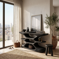 Layered Curve Wood Console With Open Cutout Shelves, 51 To 76 In