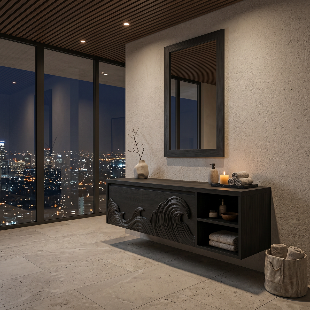 Contemporary Floating Bathroom Vanity With Raised Wave Pattern For