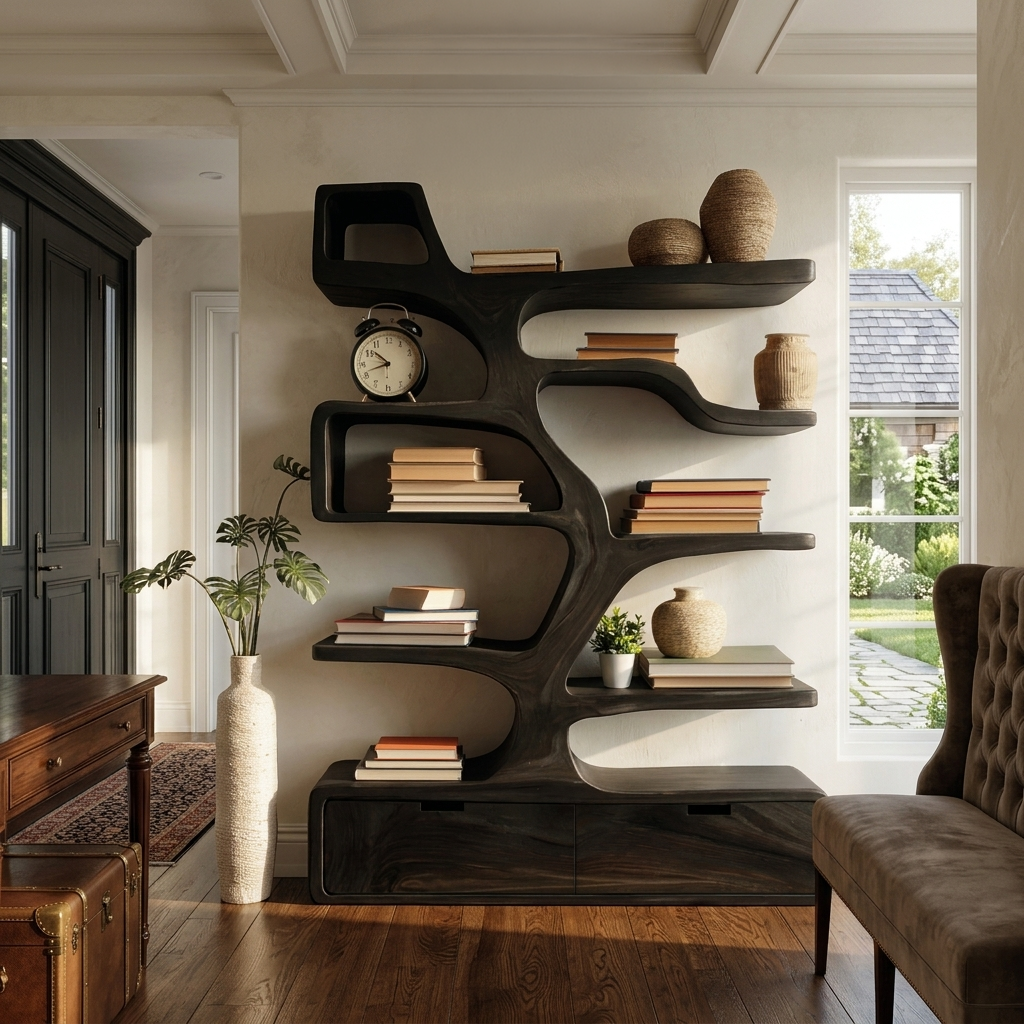 Freestanding Carved Wood Bookshelf With Flowing Sides, 59-79 Inch