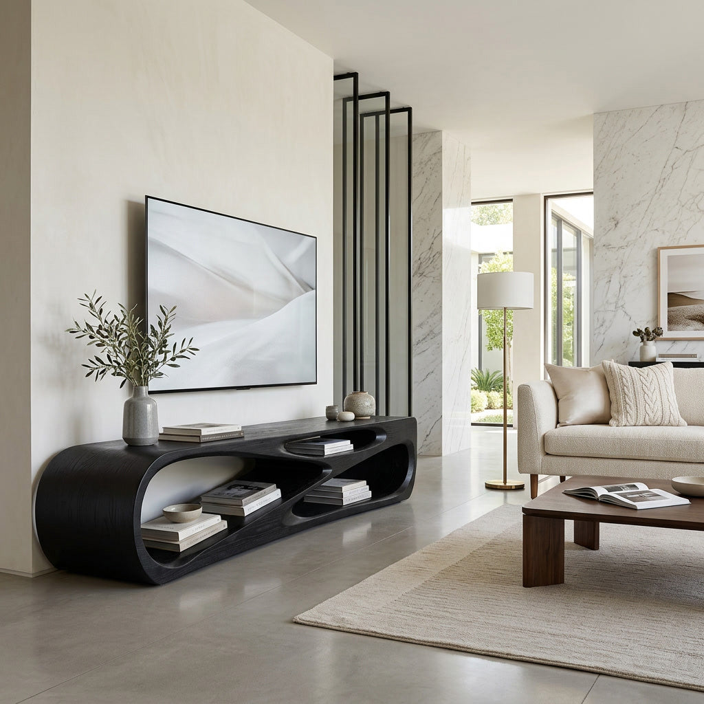 Low Profile Curved Wood Media Console With Open Storage