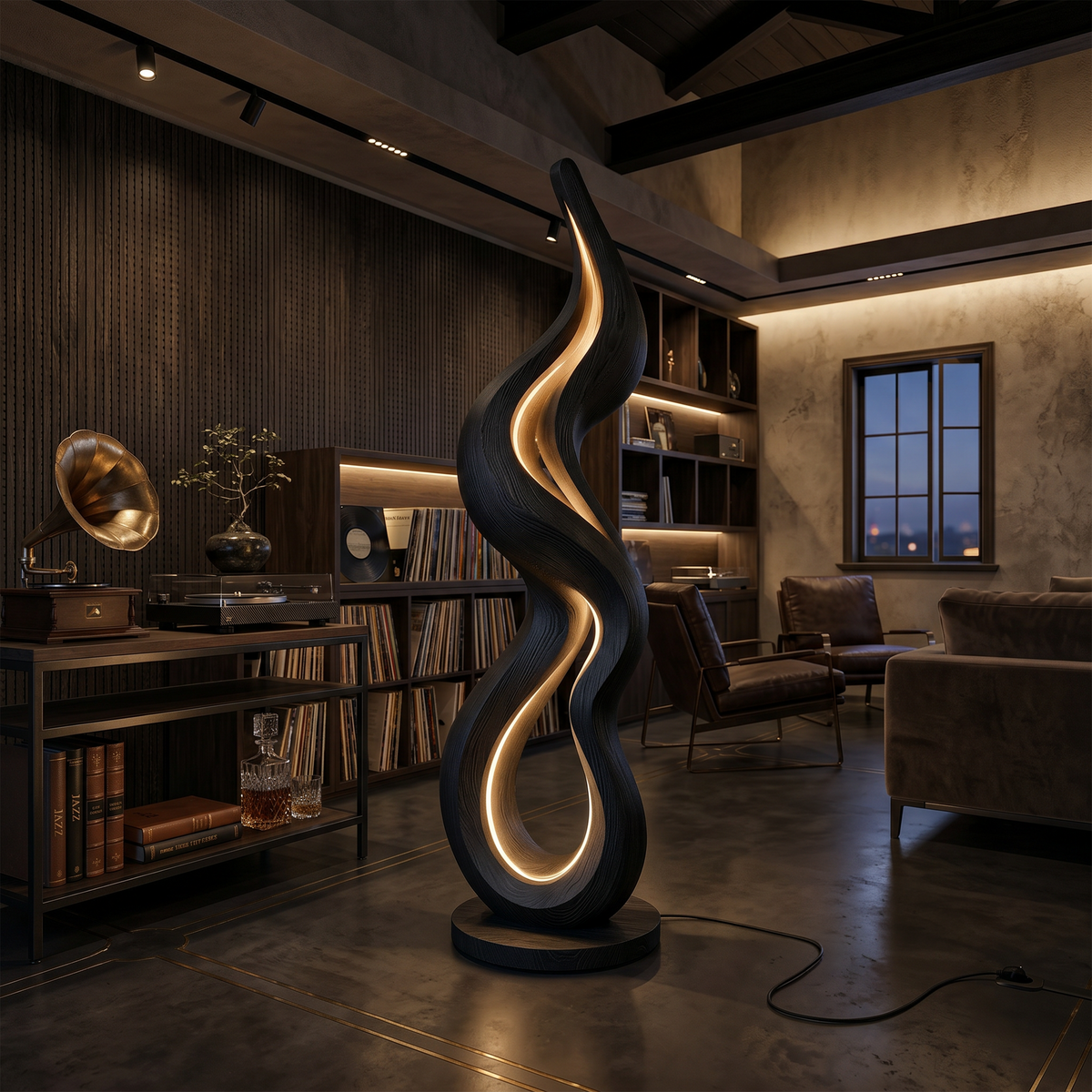 Wave Form Wooden Floor Lamp With Built-In Side Table Surface