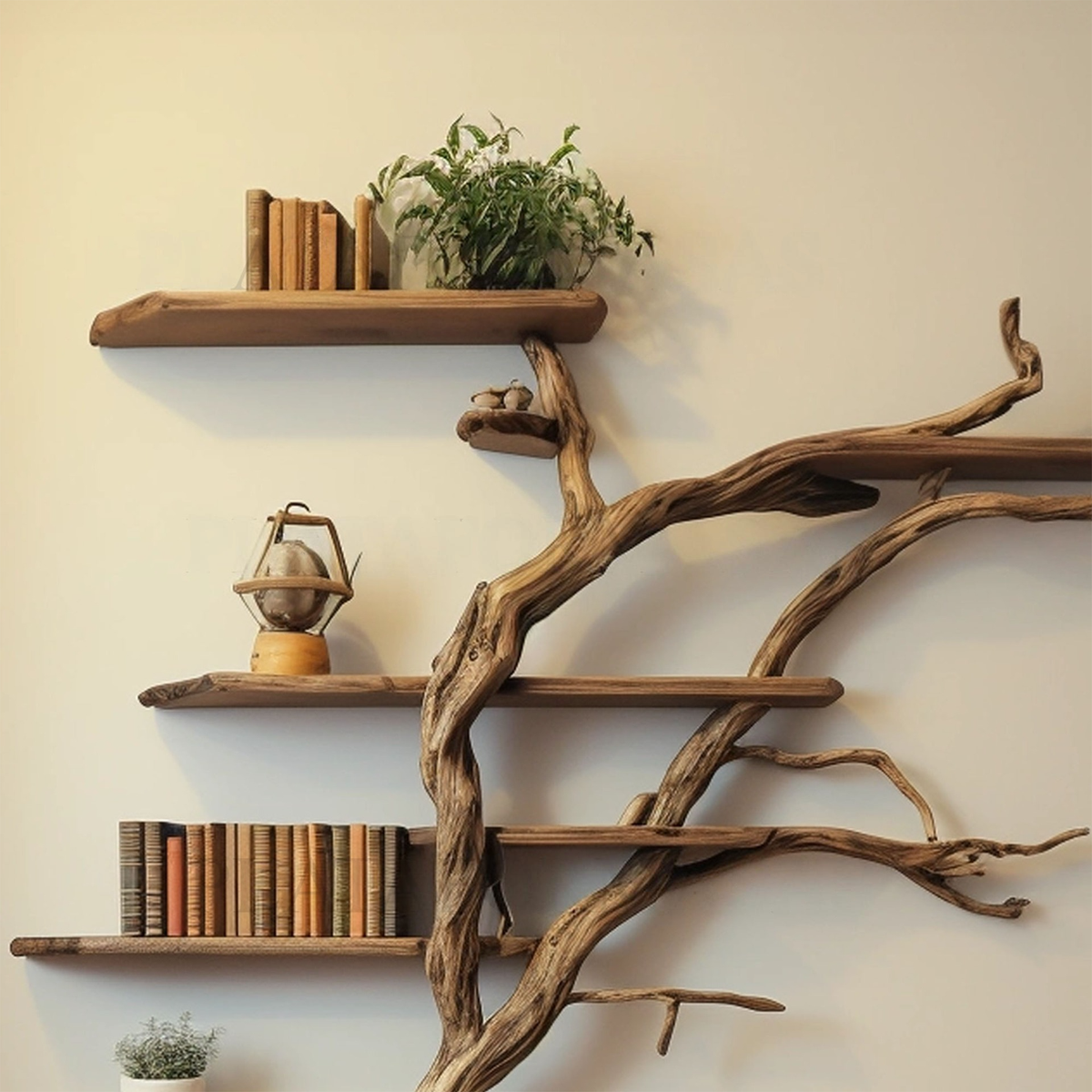 Narrow Corner Tree Branch Wall Shelf in Dark Brown, 84 in Tall