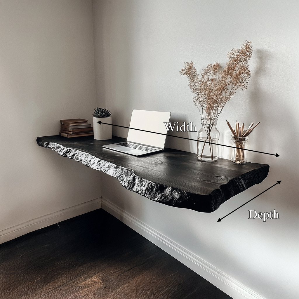 Wall Mounted Floating Desk, Black Finish Solid Wood Slab for Bedroom