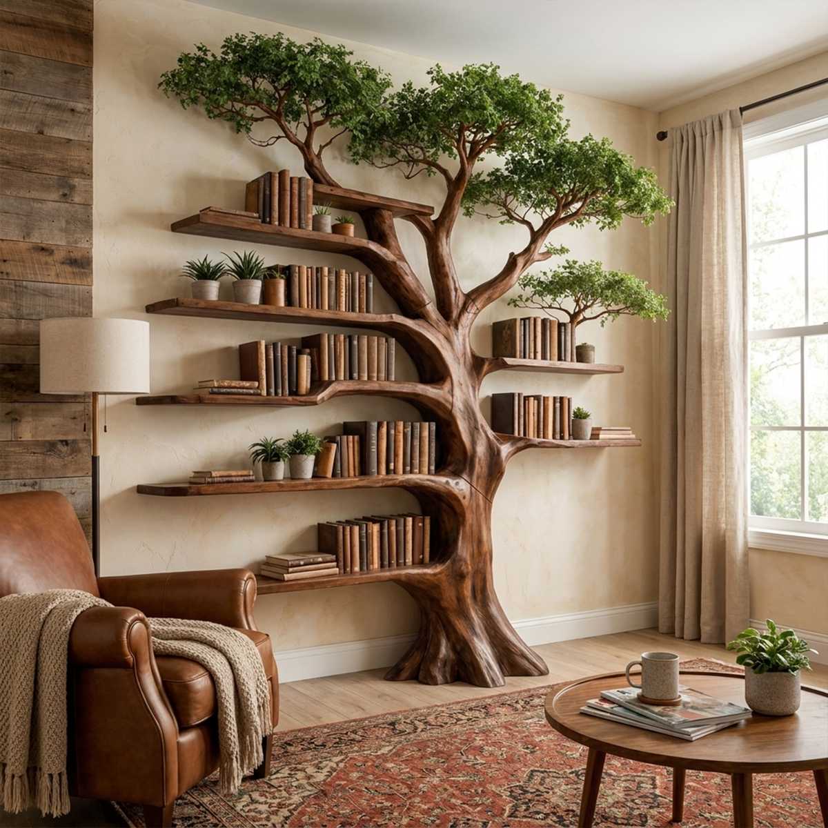Tree Display Bookcase with Bench Seat for Reading Nooks, 70 x 80 in