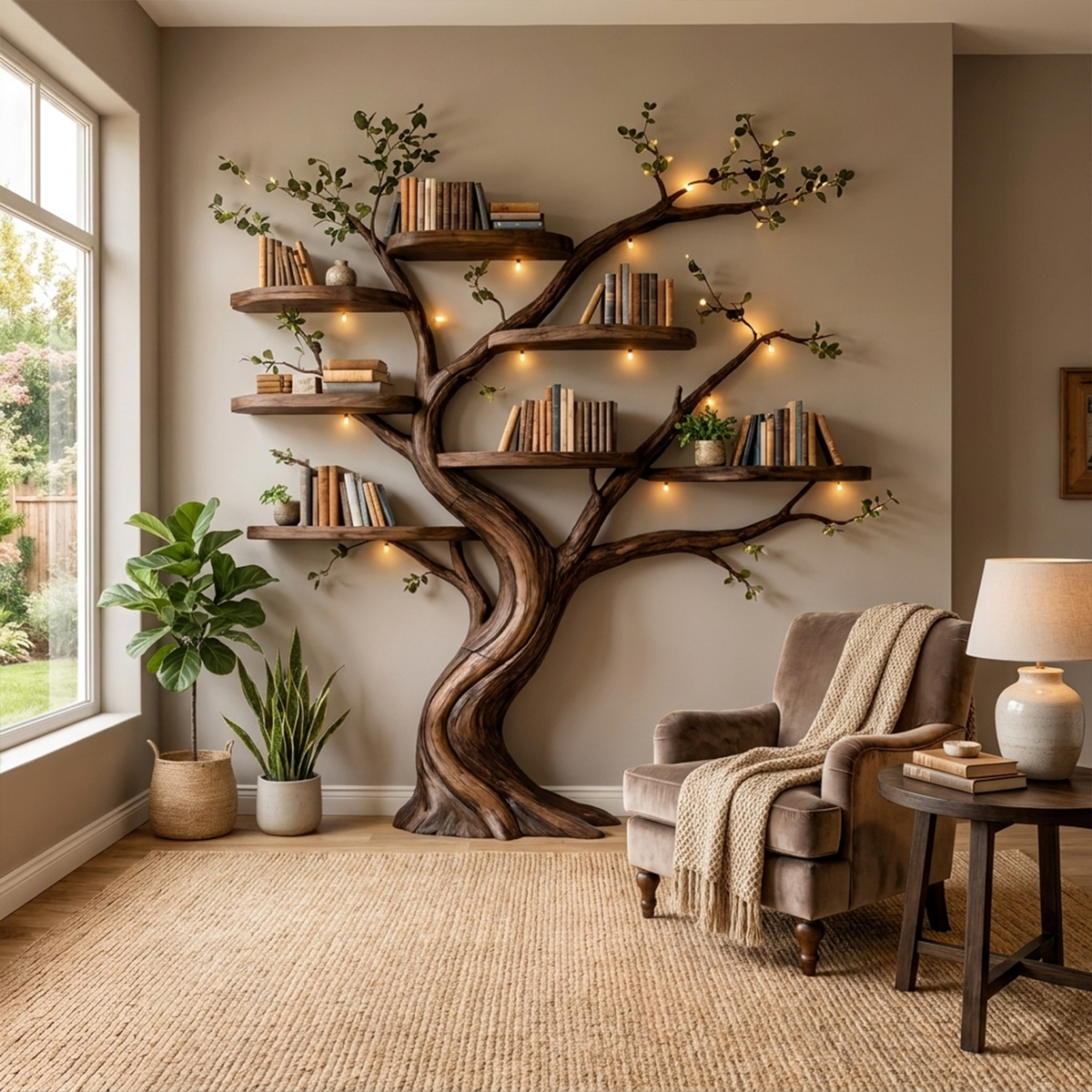 Blossom Branch Wall Bookshelf with Floating Shelves, 70 Inch Square