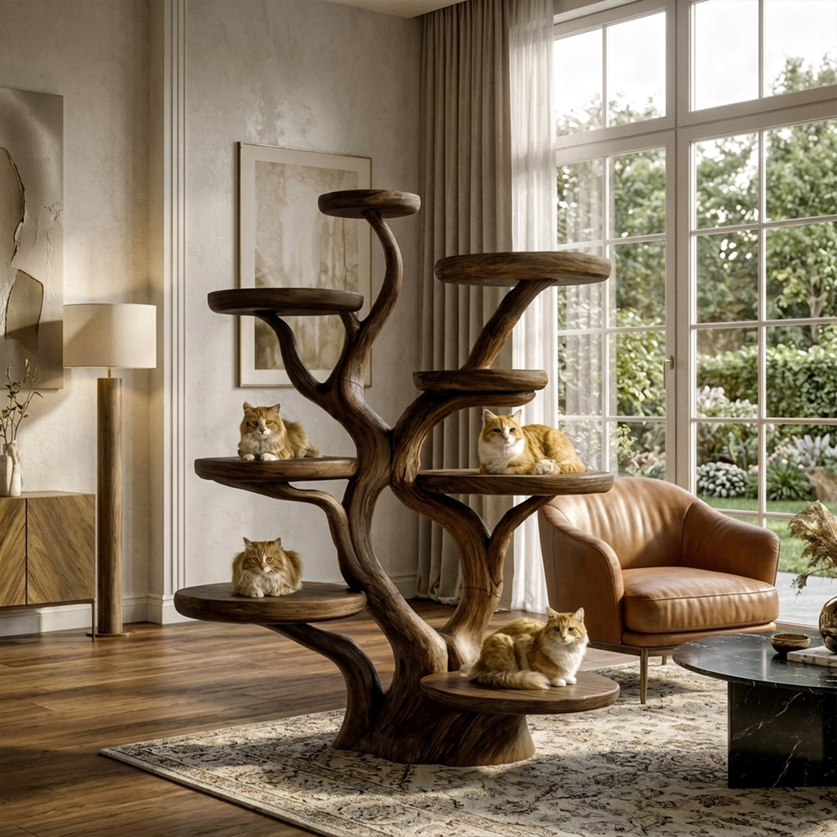Rustic Solid Wood Cat Tree with Curved Trunk and Tiered Platforms
