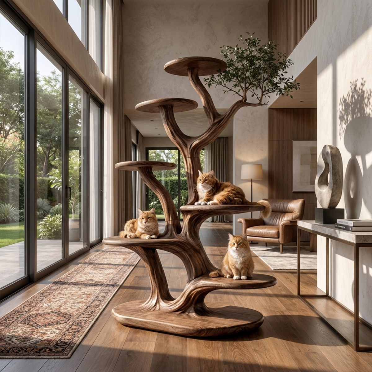 Cat Tree Tower, Rustic Solid Wood Climbing Furniture for Living Room