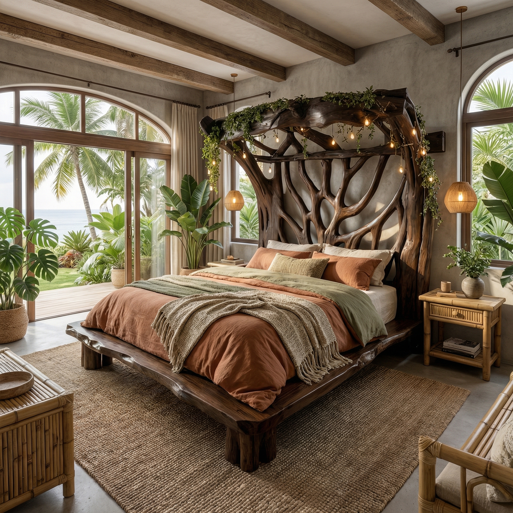 Rustic Solid Wood Tree Bed Frame with Organic Curves