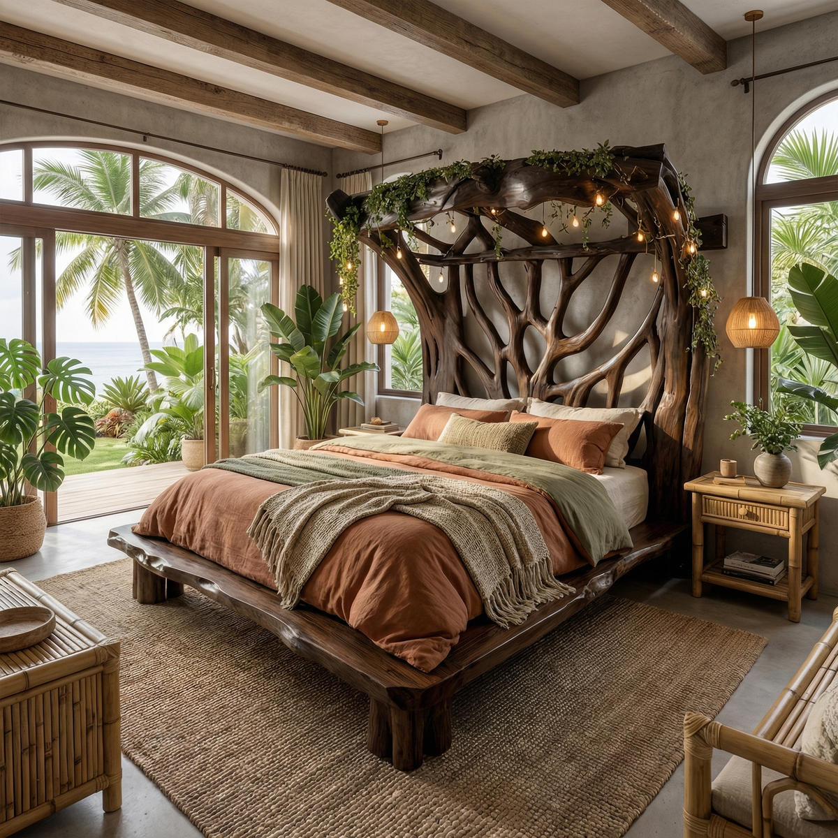 Rustic Solid Wood Tree Bed Frame with Organic Curves