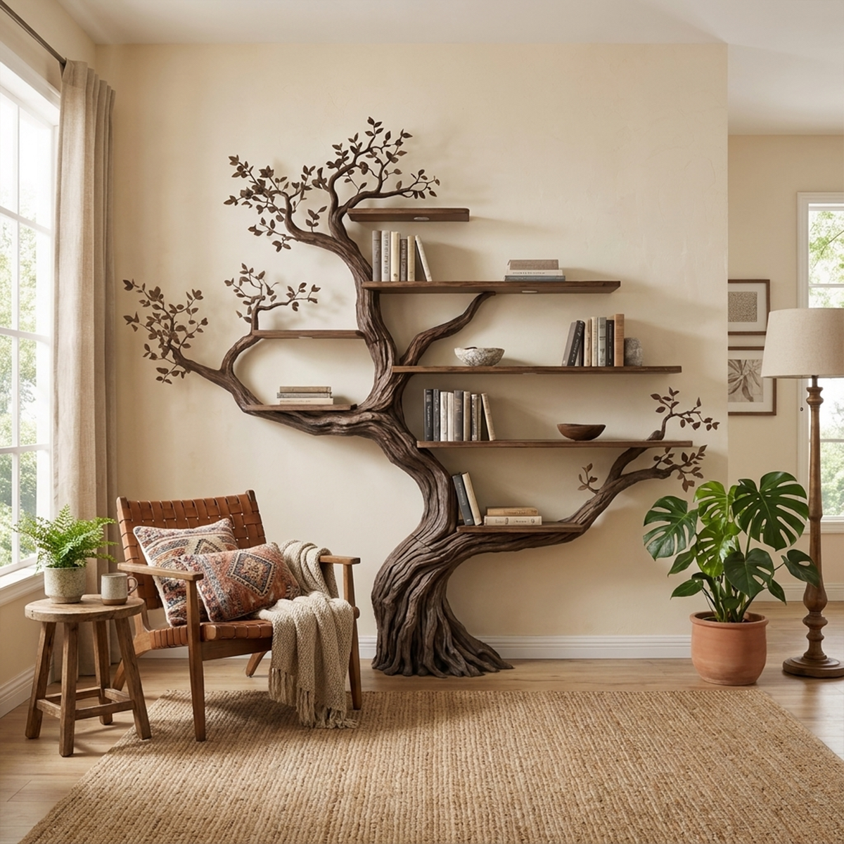 Floral-Style Branch Wall Bookcase, 70 x 70 Inch Living Room Feature