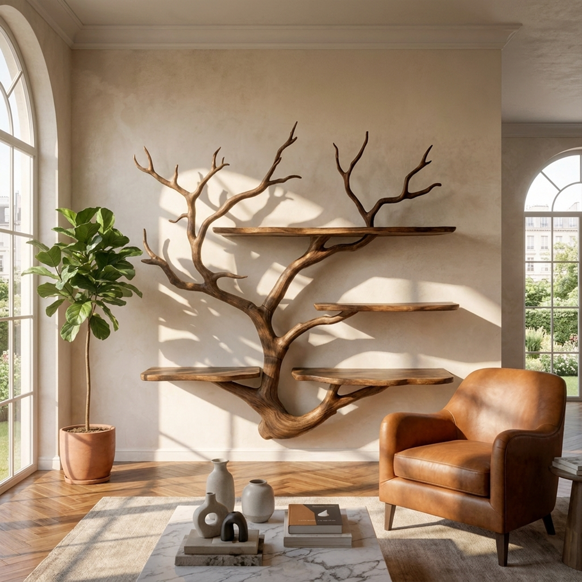 Modular Branch Wall Shelf for Studio and Study, 40 to 60 in Square