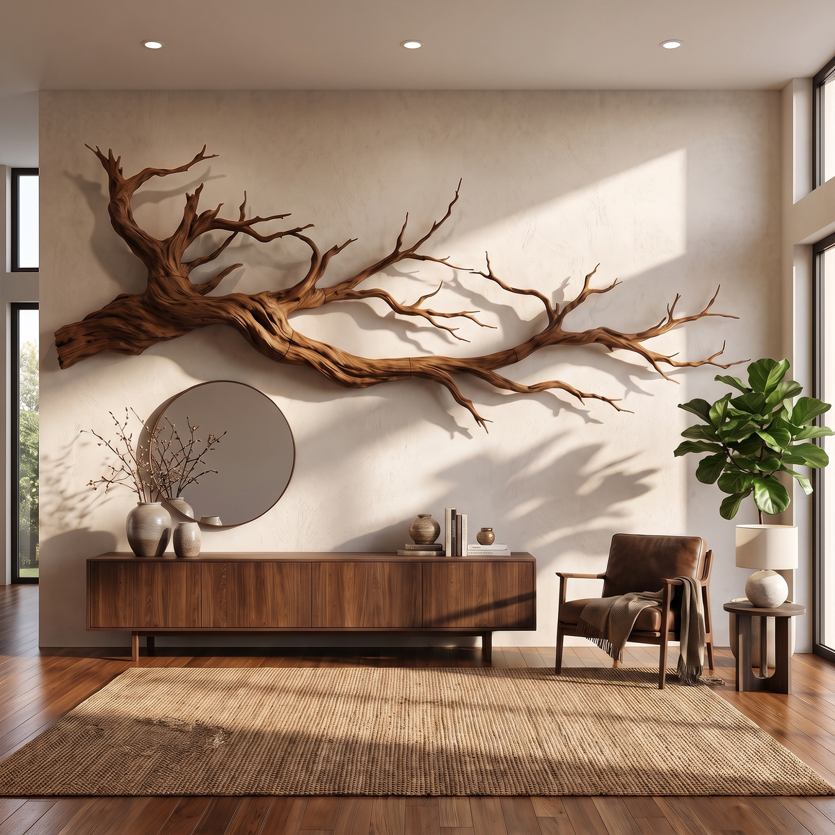 Intertwined Root 3D Wall Sculpture in Natural Wood, 51 to 80 Inch Long