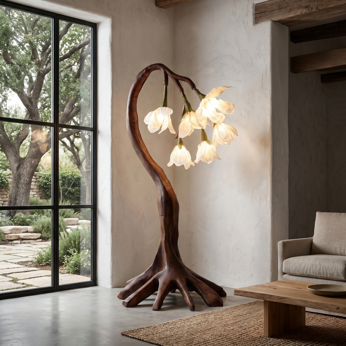 Petal Shade Floor Lamp on Curved Wood Branch Stand, 51 or 61 in