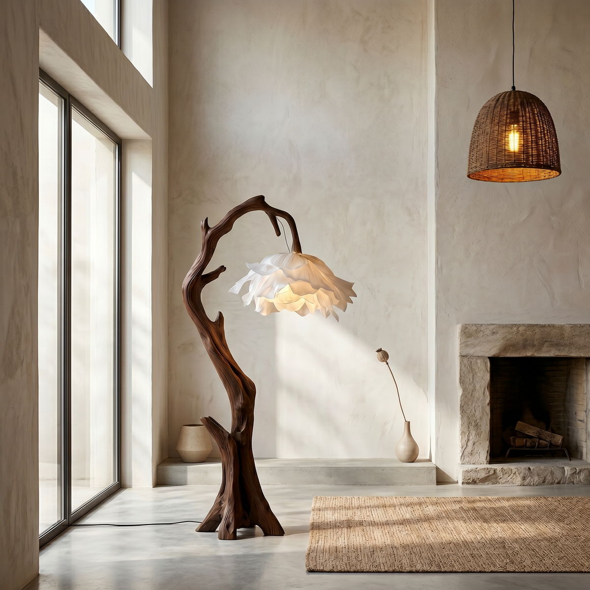 Wood Base Floor Lamp with Flower-Shaped Shades, 51 or 61 in Tall