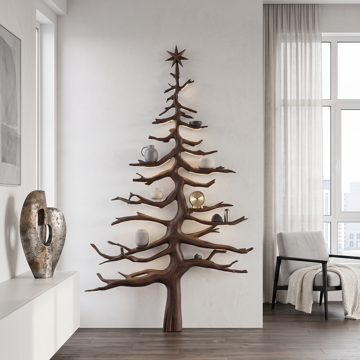 Evergreen Tree Shaped Wood Wall Shelf with Crossed Branches, 70 in