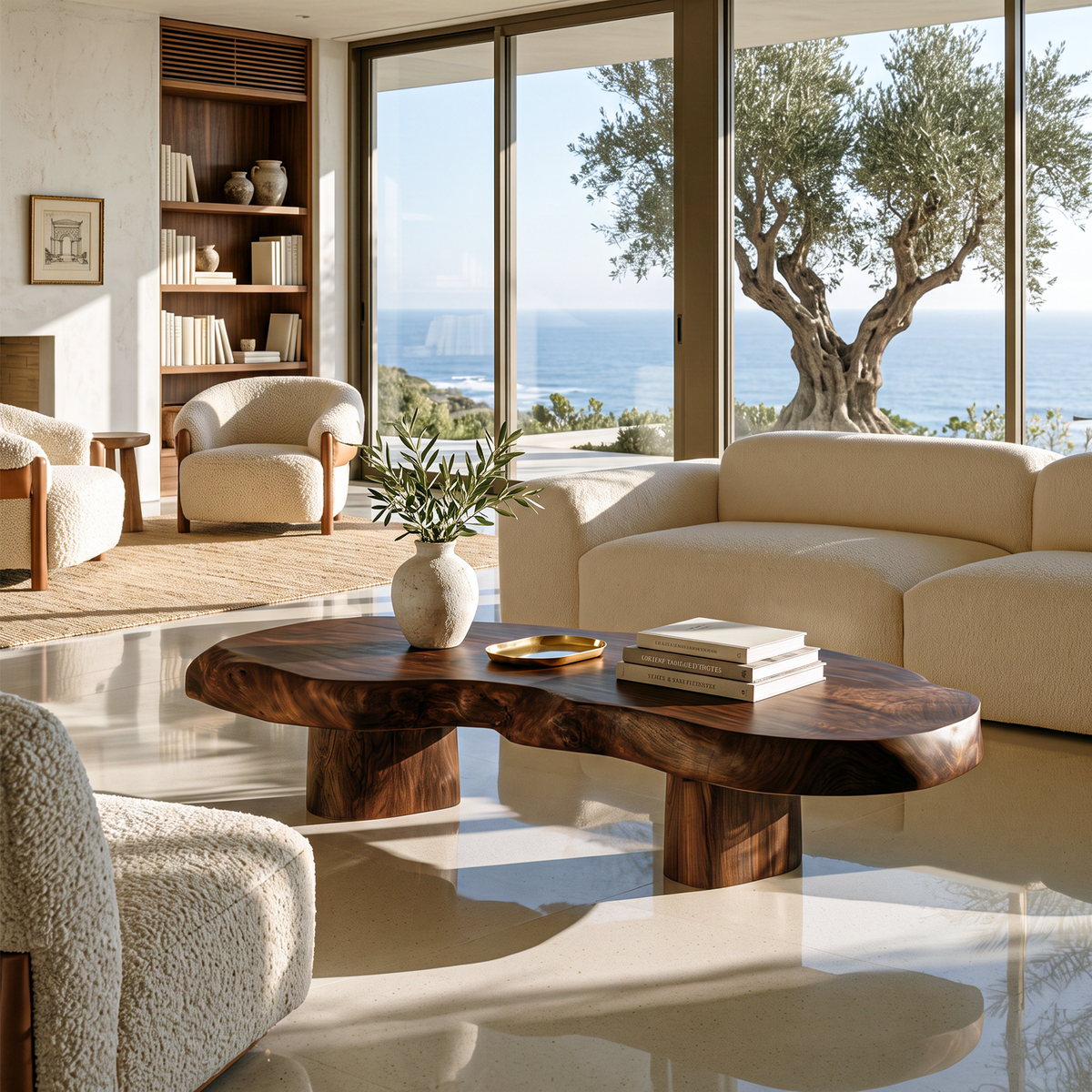 Modern Solid Wood Coffee Table With Sculptural Slab Top For Living Room