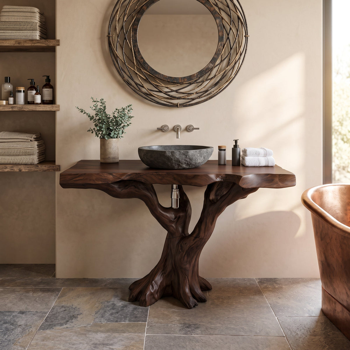 Handcrafted Solid Wood Bathroom Vanity Live Edge For Natural Spa Bath