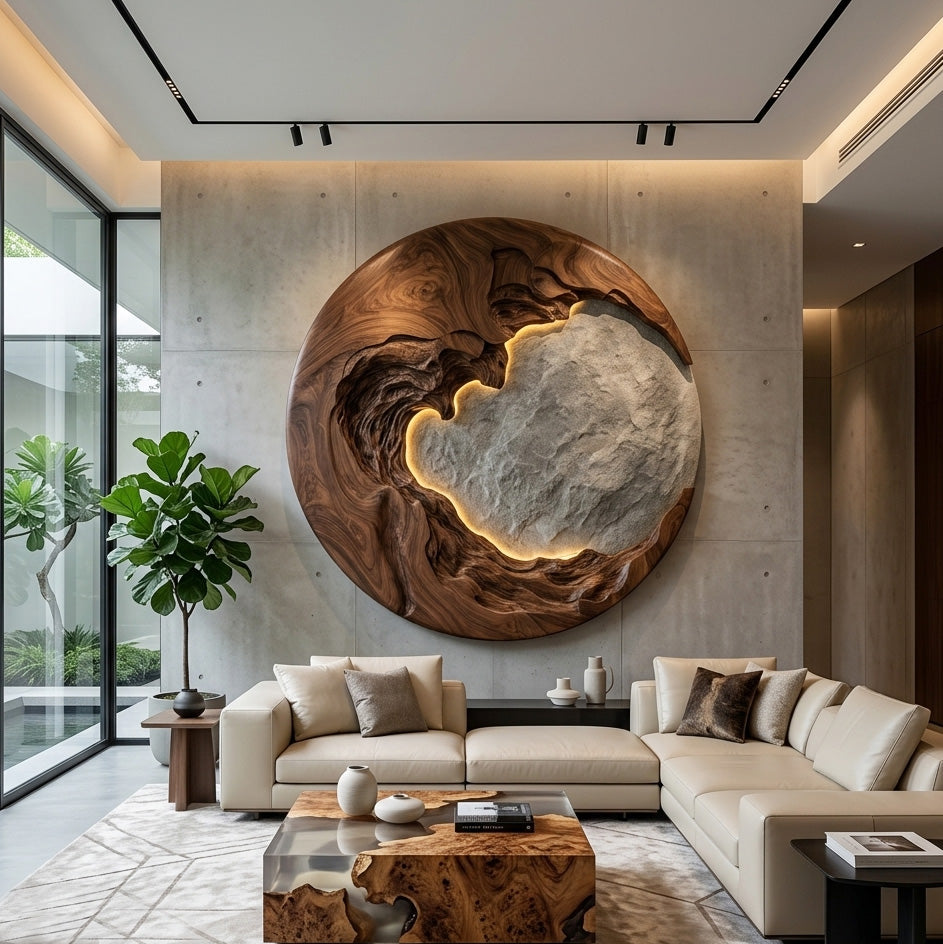 Organic Modern Round Wood Wall Art For Living Room