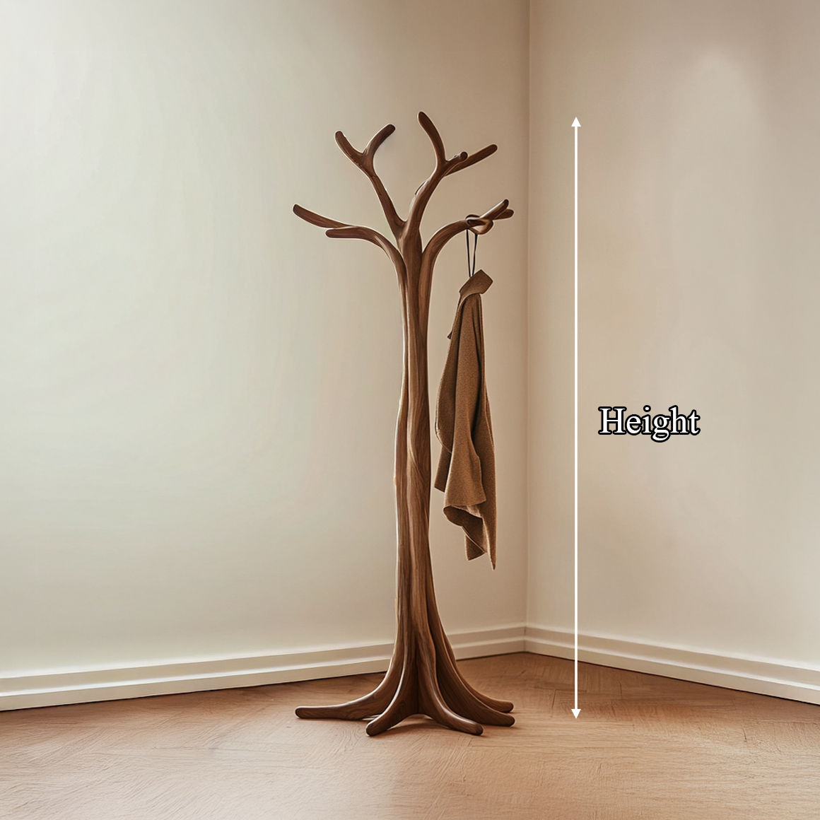 Tree Branch Standing Coat Hanger in Solid Wood, Tripod Base 60-80 in