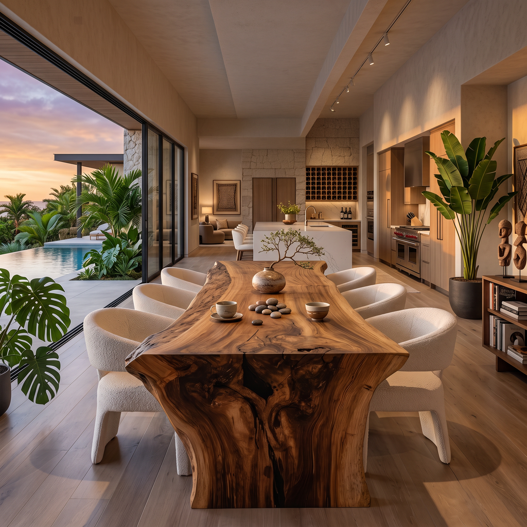 Modern Live Edge Solid Wood Dining Table with Monolithic Base