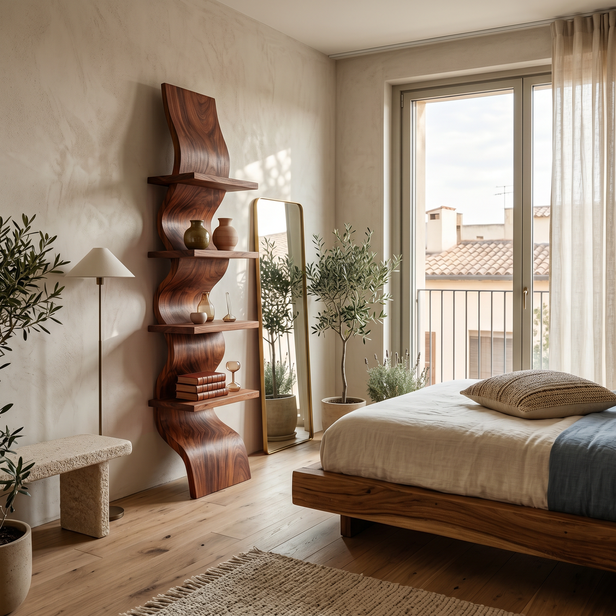 Central Spine Wave Wall Shelf in Wood, Tiered, 47 to 70 in Tall