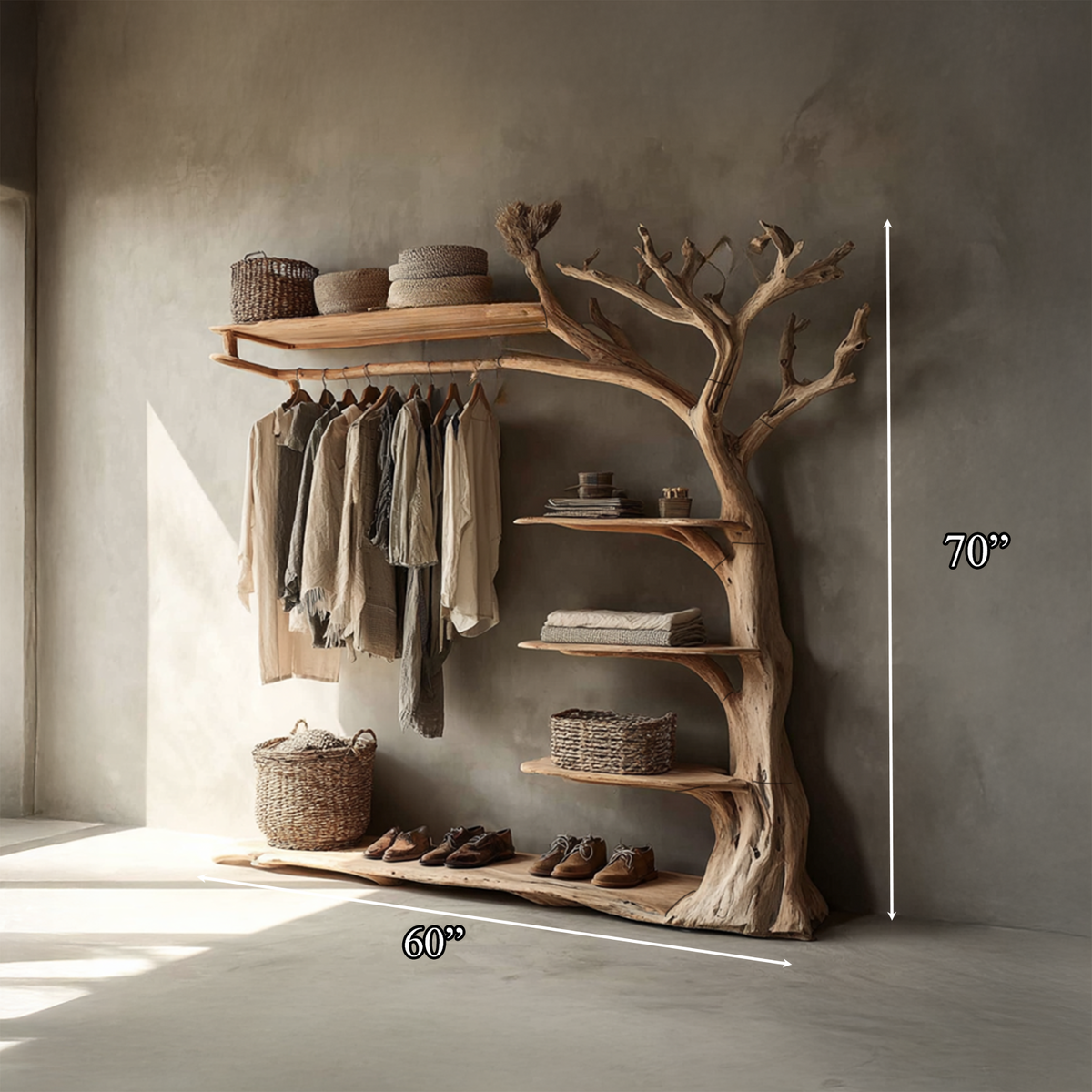 Tree Coat Rack with Shoe Shelf, Live Edge Entryway Hall Tree