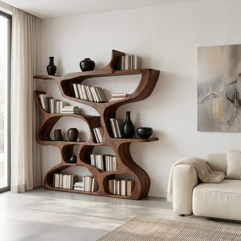 Freeform Carved Wood Bookcase with Irregular Open Cubbies, 47-79 In Tall