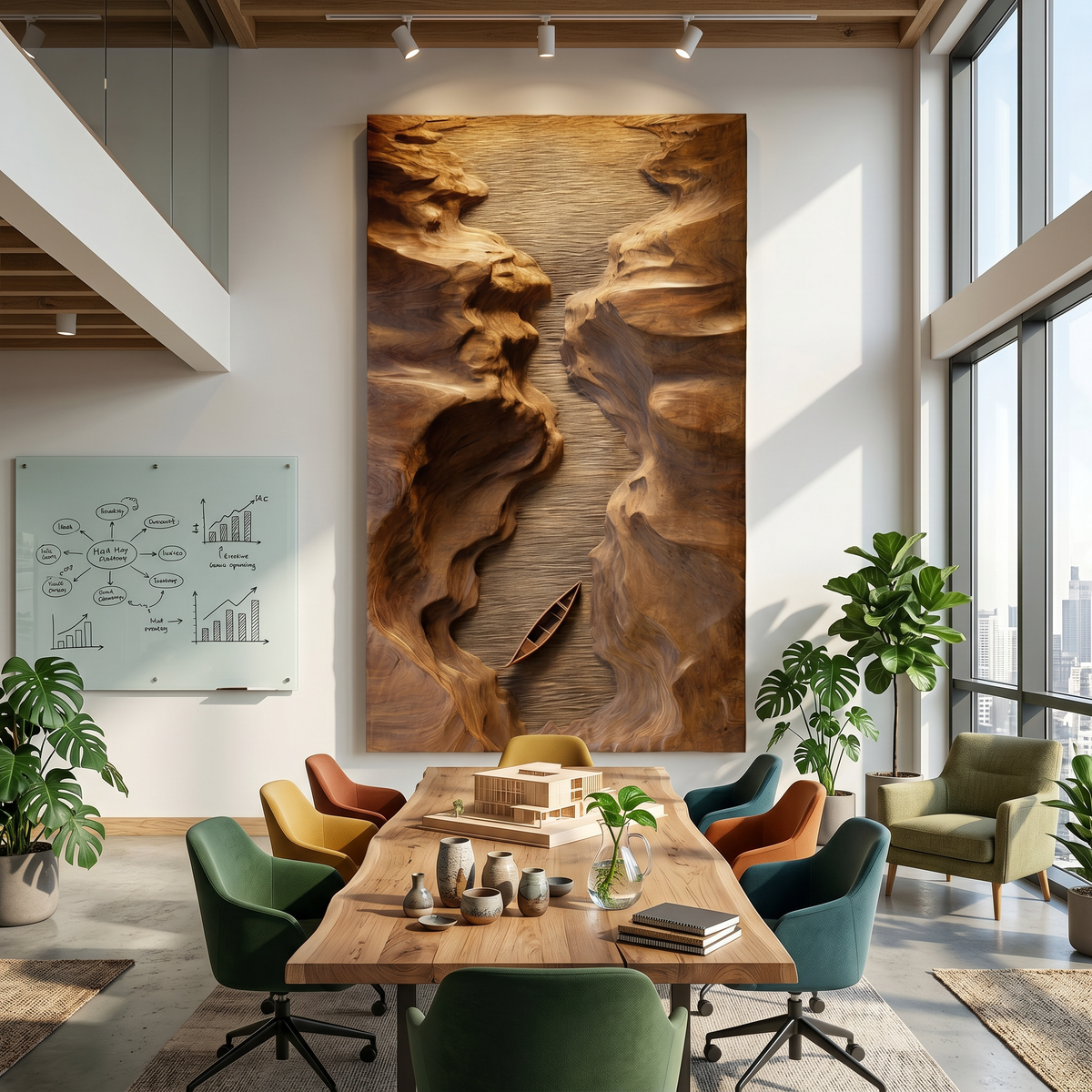 Abstract Canyon Wood Wall Sculpture, Handcrafted Geometric Wooden Wall Art Panel Decor for Modern Office & Living Room Entryway