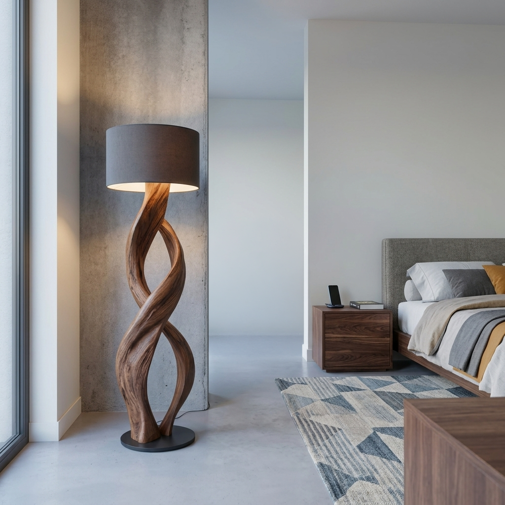 Twisting Wood Column Floor Lamp with Plain Shade, 39 to 63 in Tall