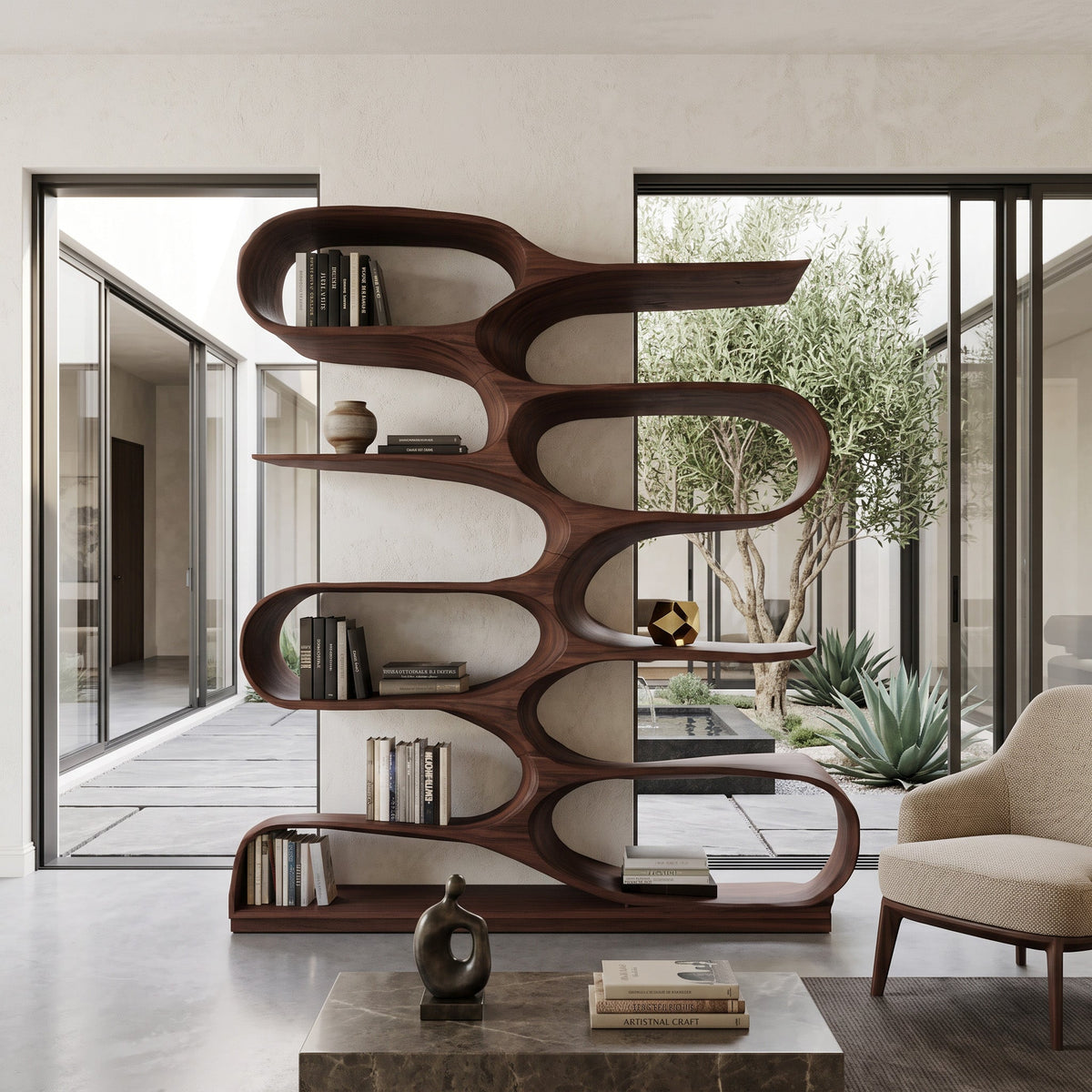 Wavy Tiered Wood Bookcase for Living Room or Study, 47 to 80 in Tall