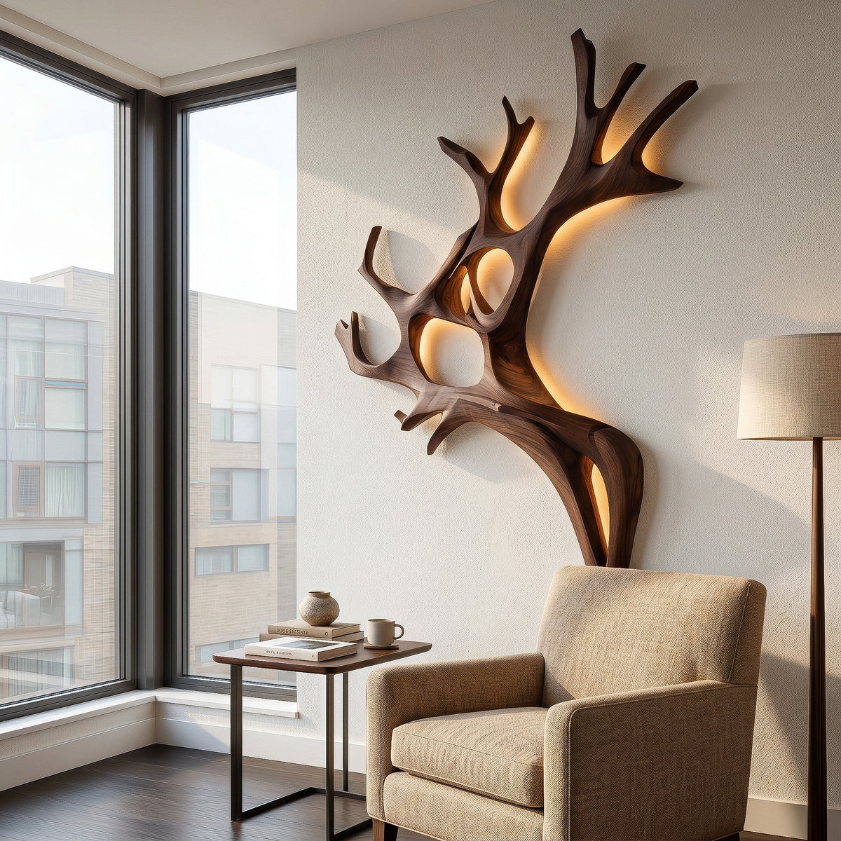 Backlit Carved Branch Wall Lamp, Sculptural Wood, 47 to 63 Inch Tall