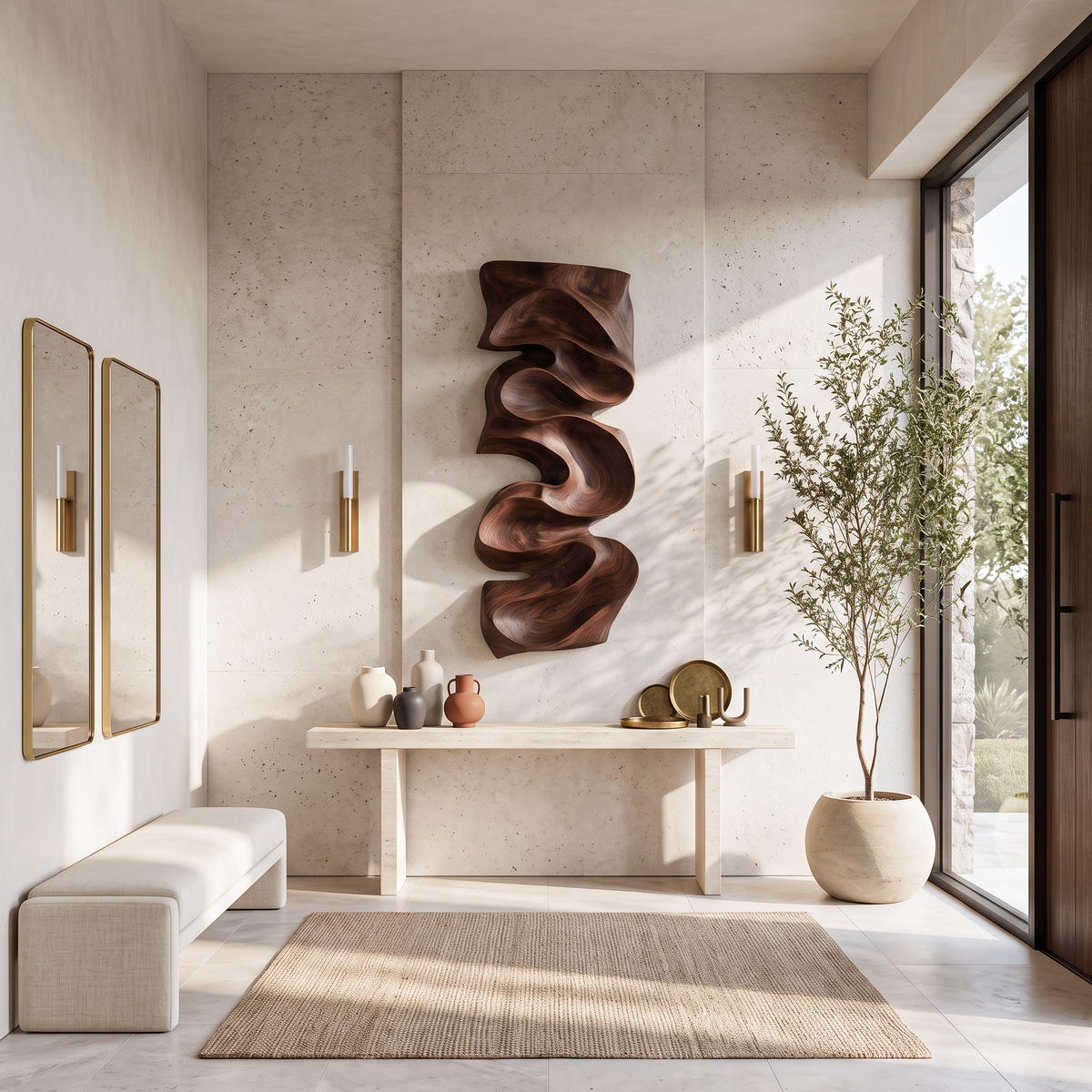 Tall Cascading Curve Carved Wood Wall Panel, 47 to 79 in High
