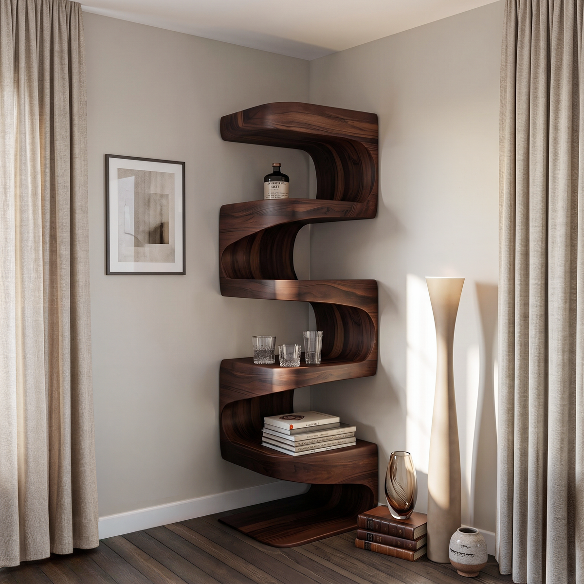 Flowing Wave Corner Shelf Unit in Solid Wood, 47 to 63 Inches Tall