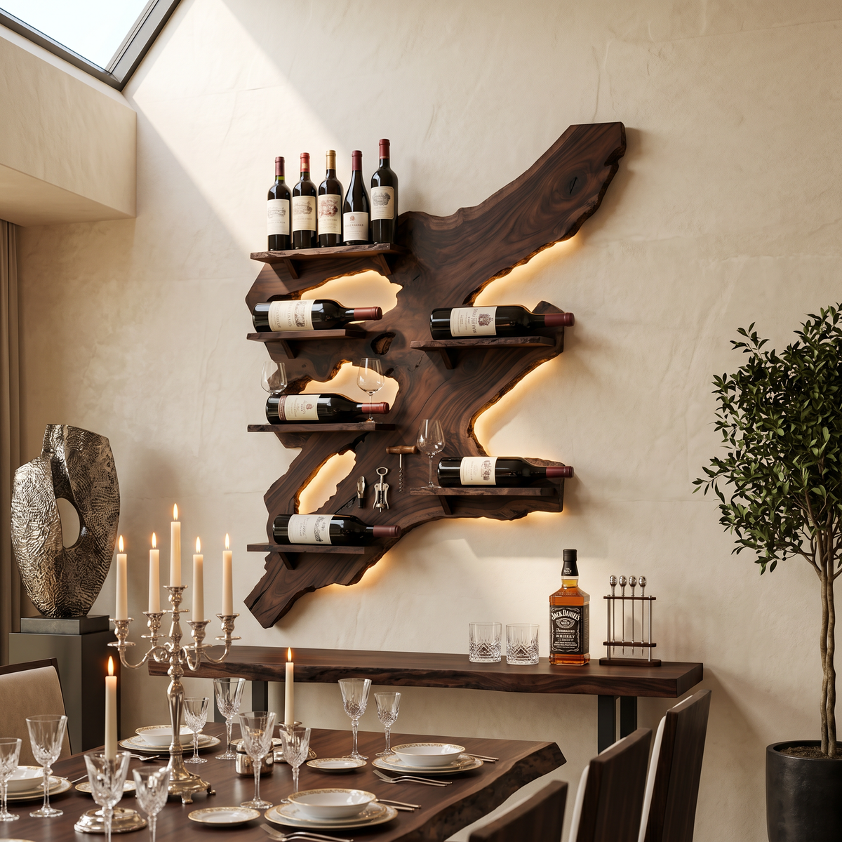 Monkey Pod Wall Wine Bottle Rack for Bar or Kitchen, 39 to 65 in